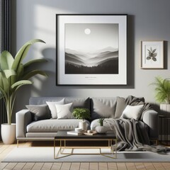 A living room with a template mockup poster empty white and with a couch and a picture on the wall image realistic attractive used for printing.