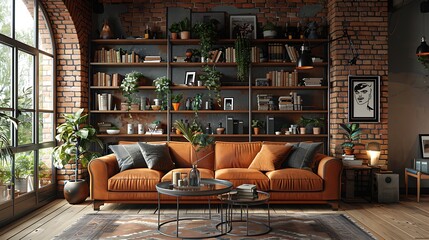 Advanced industrial living room setup displaying a minimalist metal bookshelf and brick wall decor, hyperrealistically depicted with sharp graphics and a cool color scheme, no people 