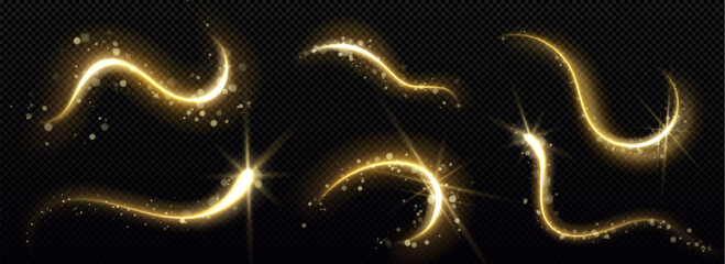 Gold magic star trail with glitter and light dust. Golden particle glow effect on black background. Abstract swirl line with shimmer and sparkle motion element. Festive Christmas confetti and stardust © klyaksun