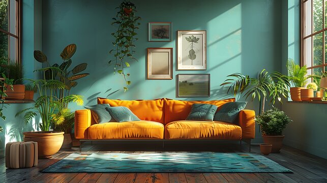 Advanced Mid-Century Modern living room setup displaying a minimalist aesthetic with iconic furnishings and pops of color, hyperrealistically depicted with sharp graphics and a vibrant.