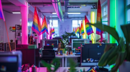 Modern tech office decorated for pride month with employee wearing pride-themed working happily