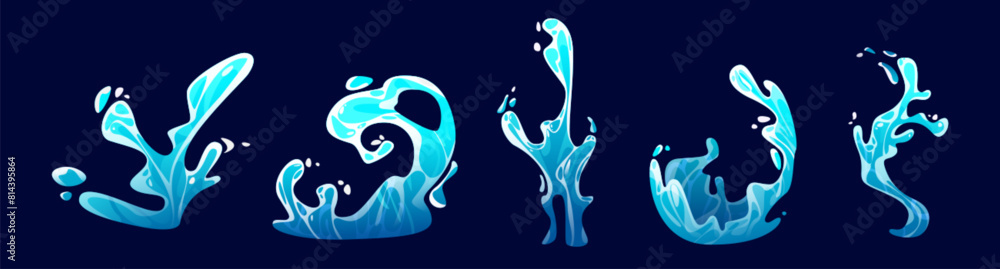 Poster cartoon water splash. vector illustration set of sea wave for surf with drop and burst. blue liquid 