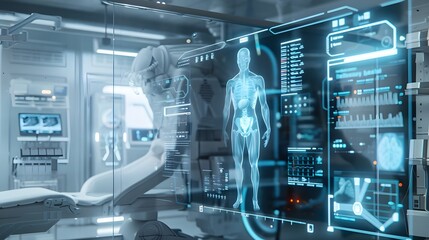 Doctor medical surgeon interact with 3D Graphical User Interface, VFX hologram data of human brain on touch screen, Innovative AR VR future medical technology. Futuristic background.