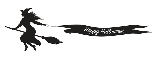 Silhouette of a witch flying on a broomstick and holding a long ribbon with a text Happy Halloween. Woman with a broom. Vector illustration isolated on white background