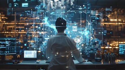 Scientist using 3d simulated AR holographic interface, Innovative engineer interact augmented reality hologram technology in laboratory. Futuristic advanced science laboratory digital art background.