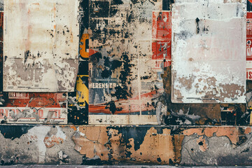 Layered grunge texture with decaying posters and urban decay.