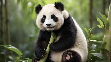 Naklejka premium An adorable pandaing on bamboo shoots with its black and whitefur. --ar 3:2 --v 4 