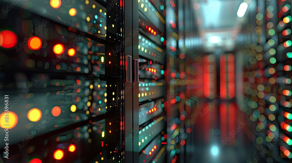 Poster close up of high speed server cpu with pulsing lights, core of modern computing