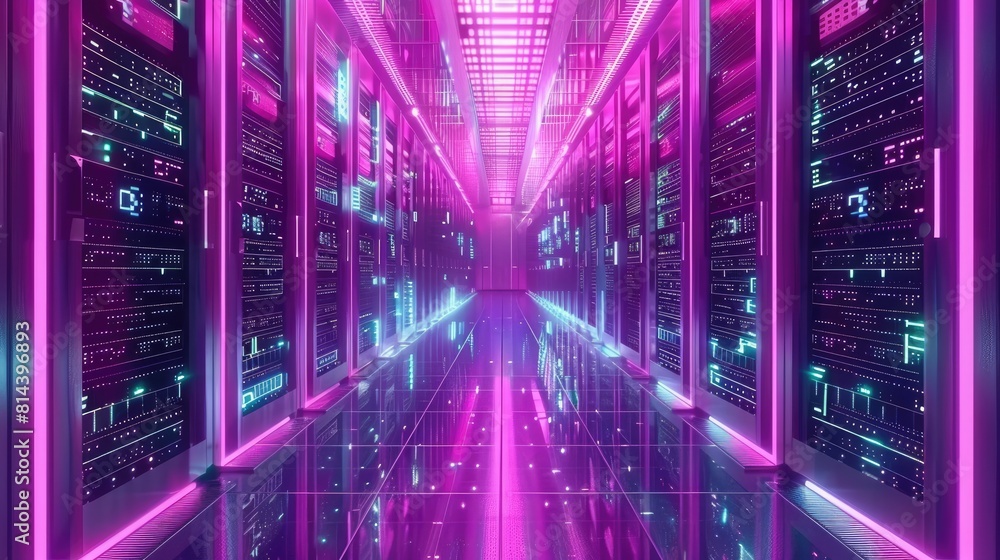 Poster encrypted data transmission through high speed servers, visual metaphor with coded light beams