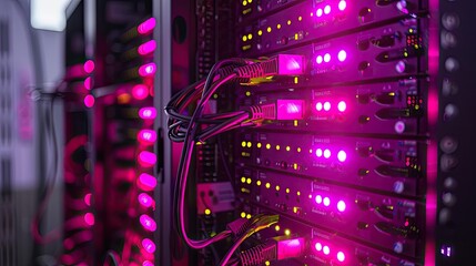 close up of a server rack with glowing LED lights, cables meticulously organized, high speed data flow