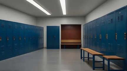 Obraz premium Blue metal storage lockers with an accompanying wooden.generative.ai
