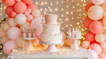 magical fairy tale party setting with delicate fairy lights woven through pastel balloons and soft confetti