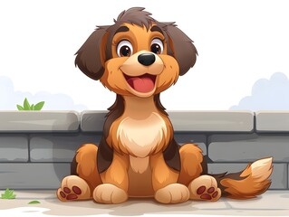 Cheerful Cartoon Puppy Sitting on Wooden Platform with Friendly Expression