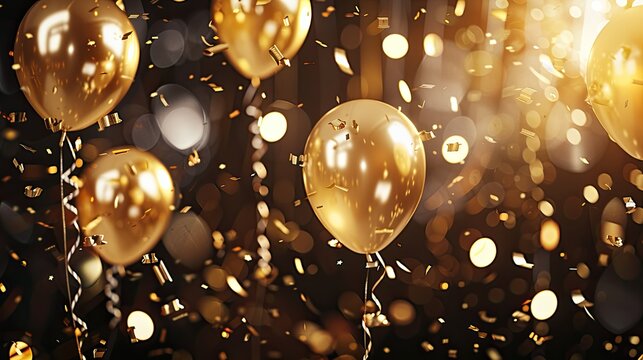 retirement party with gold watch balloons, nostalgic sepia lights, and happy retirement confetti
