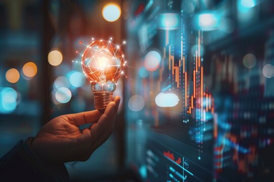 Businessman holding creative light bulb with growth graph, analytics icons. Utilizing analytics technology to develop new strategies and insights that enhance successful performance in global business