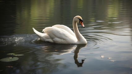 Fototapeta premium A graceful swan gliding across a serene lake, leaving ripples behind. --ar 3:2 --v 4 