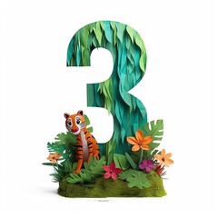 Number 3 combination with A cute tiger, playfully inspects a flower in a charming illustration