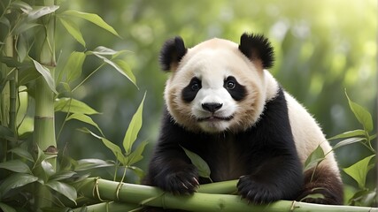 Obraz premium An adorable pandaing on bamboo shoots with its black and whitefur. --ar 3:2 --v 4 