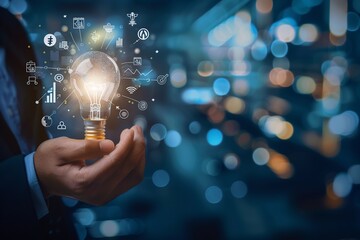 Businessman holding creative light bulb with growth graph, analytics icons. Utilizing analytics technology to develop new strategies and insights that enhance successful performance in global business