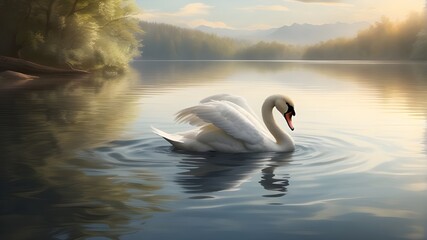 Fototapeta premium A graceful swan gliding across a serene lake, leaving ripples behind. --ar 3:2 --v 4 