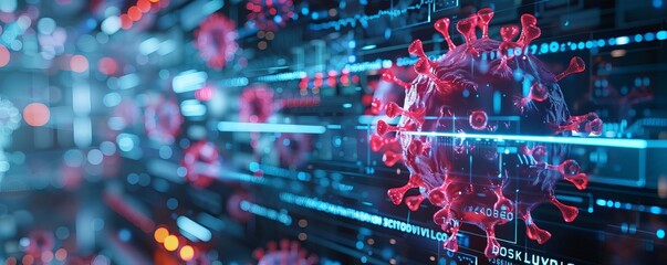 Obraz premium This is an image of a virus. The virus is red and blue and is surrounded by a dark background. The virus looks like it is attacking a human cell.