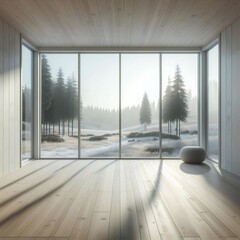 A Room with a template mockup poster empty white and with large windows and a view of a snowy landscape image realistic has illustrative meaning has illustrative meaning.