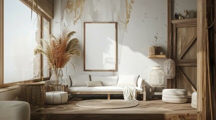 3D Render: Nomadic Boho Interior and Rustic Decor Featuring Mockup Frame