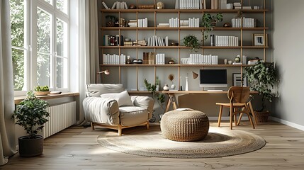 Close-up of a Scandinavian interior focusing on functional furniture such as a sleek shelving unit and a simple desk setup, showing hyperrealistic details of clean lines and soft colors.