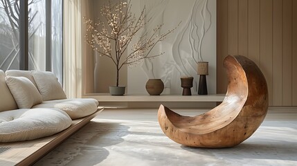 Close-up of a Zen interior focusing on a handcrafted wood sculpture and minimalist seating, showing hyperrealistic details of textures and a calm, neutral color scheme, no people --ar 16:9 --v 6.