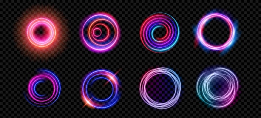 Neon light circle halo with overlay effect on transparent background. Realistic 3d vector illustration set of glow ring and vortex. abstract circular bright flare with sparkle. Luminous radial portal. © klyaksun