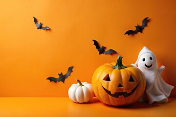Halloween background with pumpkins, ghosts and bats on orange background