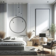 Bedroom sets have template mockup poster empty white with Bedroom interior and a desk and chair art photo photo harmony has illustrative meaning.
