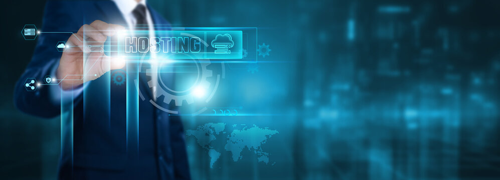 Hosting, Businessman holding text and icon of Hosting on virtual interface. Seamless Integration, Scalability, Security.