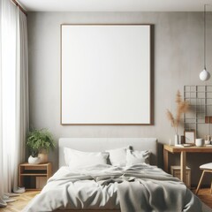 Bedroom sets have template mockup poster empty white with Bedroom interior and a desk image realistic lively used for printing card design.