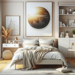 Bedroom sets have template mockup poster empty white with Bedroom interior and a painting on the wall image art photo attractive harmony.