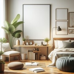 Bedroom sets have template mockup poster empty white with Bedroom interior and a table and a chair art realistic photo used for printing.
