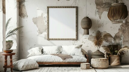 3D Render of a Nomadic Boho Interior with Rustic Decor and Mockup Frame