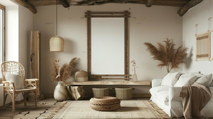 3D Render of a Nomadic Boho Interior with Rustic Decor and Mockup Frame
