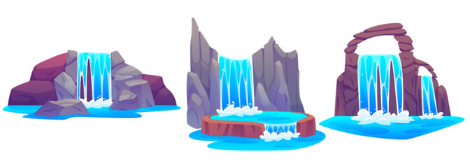 Cascade waterfall from mountain cartoon vector. Water fall stream from stone hill with splash landscape element. Coastal natural cliff with aqua torrent graphic fantasy environment game design