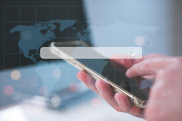 Data Search Technology Search Engine Optimization. Businessmen use smartphone with virtual search...