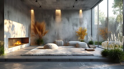 Detailed view of a minimalist chic interior with an emphasis on texture and material, featuring concrete walls and soft wool rugs, hyperrealistically portrayed with ambient lighting, no people.
