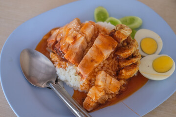 BBQ pork rice with thai sausage and egg