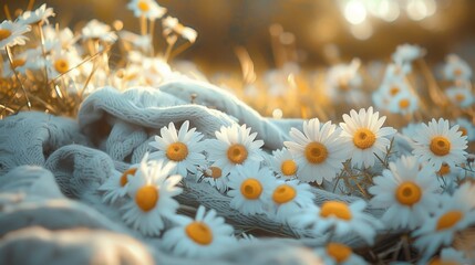 White and yellow flowers on a soft, blue surface.