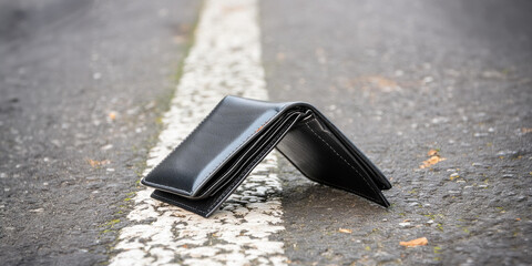 Wallet lost in street, dropped on the sidewalk in city.