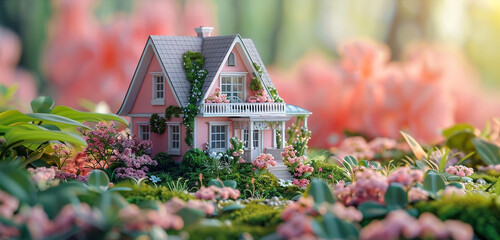 A cozy pink and white  cottage-style 3D mini house 
