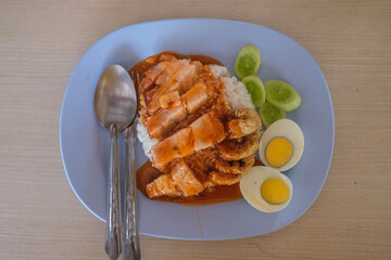 BBQ pork rice with thai sausage and egg