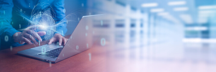Businessman working on laptop with virtual screen of network server big data, Up to speed and...