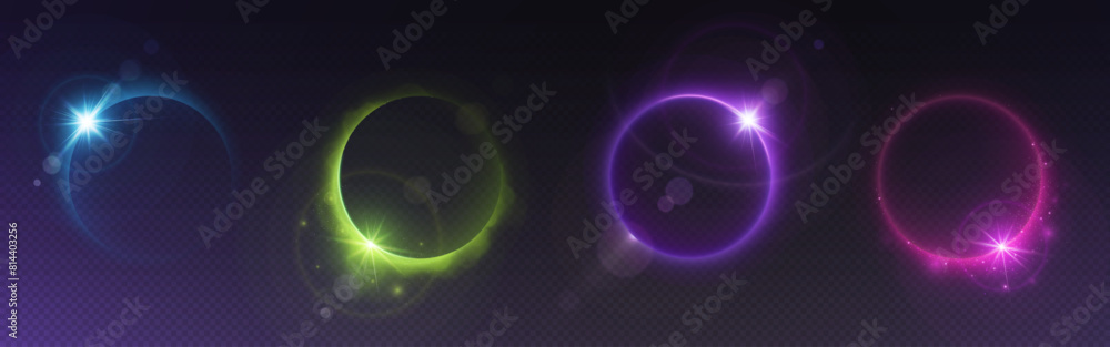 Poster solar eclipse light circle with bright flare and sparkle. realistic vector illustration set of neon 