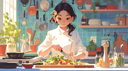 Young asian woman chef cooking preparing a food wearing uniform in kitchen at home restaurant. Cute watercolor illustration, lofi anime girl manga style, modern 3d digital artwork background banner. 