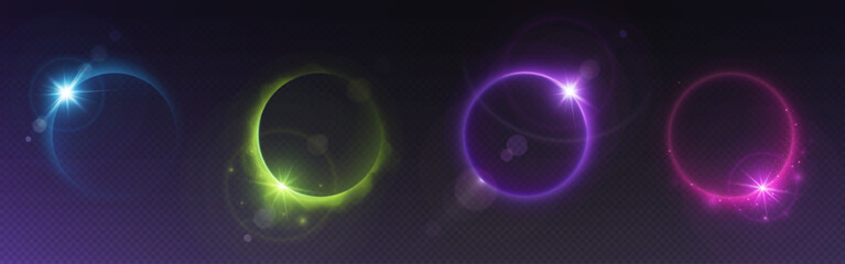 Solar eclipse light circle with bright flare and sparkle. Realistic vector illustration set of neon glowing round and crescent effect effect of sun covered by moon. magic portal or hidden corona.